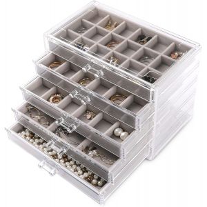Bo&icirc;te De Rangement En Acrylique Transparent Pour Bijoux Et Boucles D'oreilles Avec 5 Tiroirs Et Plateaux En Velours Pour Femme - Pour Bagues Et Clous D'oreilles, Rose - Neuf