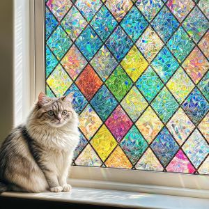 Film Fenetre Anti Regard Effet Arc-en-Ciel 30 x 100cm, Film Electrostatique Vitre Motif en Losanges Anti UV Non Adhesif Films Vitrail Décoratif Brise Vue Fenetre pour Chambre Cuisine - Neuf