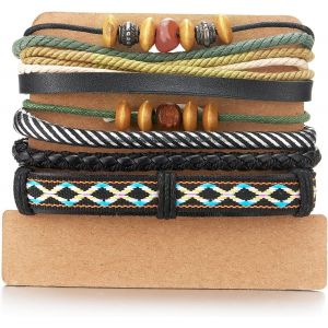 Kal-4 Mélanger Brun Envelopper Bracelet Homme Femme, Multi-Brins Bracelet En Noir Cuir Bois Perles, Ethnique Tribal Coton - Neuf