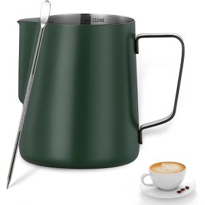 KAL-Pot À Lait En Acier Inoxydable, Pot À Lait En Acier Inoxydable À Main Levée Café Barista Inox Pichet Avec Mesure Mark Et Latte Art Pen Pour Création Cappuccino Espresso (Vert Foncé) - Neuf