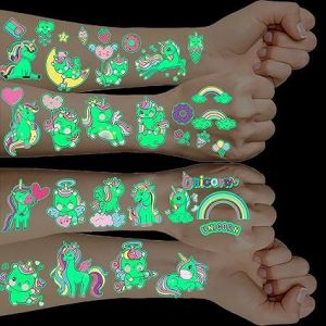 Tatouage de la licorne pour fille, 10 feuilles, phosphorescents - Neuf