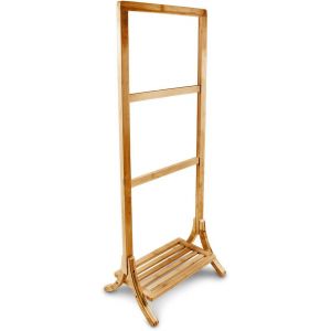 KGABERY-Porte-Serviettes Sur Pied Avec Étagère En Bois De Bambou Hxlxp: 105x40x27 Cm Compartiment Rangement Support Vêtement Avec 3 Barres Valet De Chambre Serviteur Séchoir À Linge,Nature - Neuf