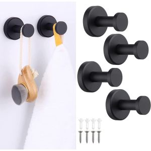 4 Pi&egrave;ces Pat&egrave;re Murale Noire Mat &agrave; Visser en Acier Inoxydable 304, Crochet Mural Robuste (20kg) pour Salle de Bain/Couloir - Support Serviette, Porte-Manteau sans Percer avec Cheville Lourde - Neuf
