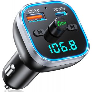 Transmetteur FM Bluetooth 5.3, 54W [PD+QC 3.0] Adaptateur Bluetooth Voiture Allume Cigare Charge Rapide, Appels Mains Libres & 7 Couleurs R&eacute;tro&eacute;clairage, HiFi Musique Emetteur Voiture sans Fil - Neuf