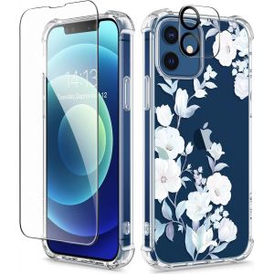 Maa-Coque Compatible Avec Iphone 12/Iphone 12 Pro 6,1"" 2020, Avec Protecteur D'écran En Verre Trempé + D'objectif D'appareil Photo, Coque Fine En Tpu Souple Transparente Antichoc Motif, Hibiscus - Neuf