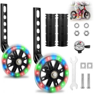 Kal-Roulette Velo Enfant Universelle, Roues De Support Pour Vélo Denfant, Vélo Roue Auxiliaire Compatible Avec 12, 14, 16, 18, 20 Pouces, Roues Stabilisatrices Flash Avec Cloches,Housses De Guidon - Neuf