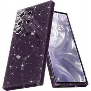 Sjzg-Coque Magnétique Pour Samsung Galaxy S24 Ultra Etui À Paillettes Brillant Compatible Avec Magsafe Charge Sans Fil Housse De Protection Antichoc Pour Appareil Photo Silicone Tpu Souple,Violet - Neuf