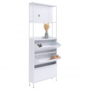 Armoire &agrave; chaussures HWC-O86, &eacute;tag&egrave;re &agrave; chaussures Meuble &agrave; chaussures, 3 compartiments basculants, crochets de rangement en m&eacute;tal 201x80x20cmblanc - Neuf