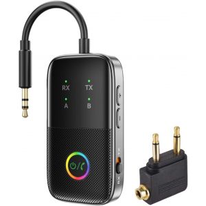 Loc-&Eacute;metteur R&eacute;cepteur Bluetooth Pour Tv/Avion,Transmetteur Supporte 2 Casques Avec Aptx Adaptive/Faible Latence,3.5Mm Aux Adaptateur Audio Sans Fil Pour St&eacute;r&eacute;o Domestique/Vol/Voiture/Gym,Plug & Play - Neuf