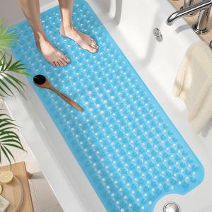 SJZG-Tapis De Bain Antid&eacute;rapant, 100 X 40 Cm, Extra Long, 100 % Sans Bpa, S&eacute;chage Rapide Et Lavable, Bleu Transparent - Neuf