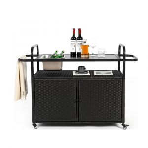 Desserte table de bar d'ext&eacute;rieur chariot de bar en osier avec armoire avec plateau en acier et un seau &agrave; glace roues verrouillables noir - Neuf