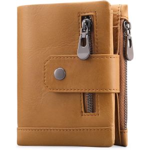 Kaki - Portefeuille homme en cuir véritable avec blocage RFID, portefeuille à deux volets pour homme avec 11 emplacements pour cartes de crédit et 2 porte-monnaie zippés (1 pièce) - Neuf