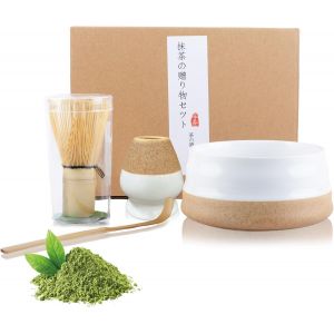 PATB-Lot de 4 sets de thé matcha, balai à matcha, bol à thé matcha, bol à matcha, pelle, porte-fouet à matcha (blanc) - Neuf