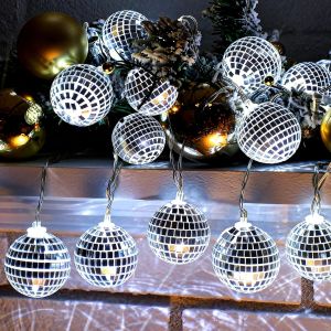 TRAHOO-Guirlande Lumineuse Boule Disco, 1.5m Guirlande Lumineuse de No&euml;l &agrave; Piles, Guirlande de Boules Disco &agrave; LED, LED Lumi&egrave;res de No&euml;l Int&eacute;rieur et Ext&eacute;rieure, pour D&eacute;coration Noel, Mariage, F&ecirc;te - Neuf