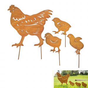 4 Pièces Rouillés avec Poule Décoration de Jardin Poule avec Poussins Poulet Decoration Exterieur Jardin rouillée Poulet Art Jardin Statues Métalliques pour l'extérieur,Jardin,la terrasse (A) - Neuf