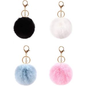 Kal-Porte-Cl&eacute;s Pompons,4 Pcs Porte-Cl&eacute;s Boule Moelleux Pompon En Peluche Artificiel Renard Bricolage Pour Chapeaux Chaussures &Eacute;charpes Gants Sac Accessoires De Breloques - Neuf
