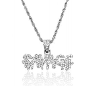 Trahoo-Chaîne En Or Homme Iced Out,Platine Or Blanc Savage Lettre Pendentif Collier,Plein Cz Lab Diamants Set Prong,Avec Chaîne De Corde 60cm,Coffret Cadeau Gratuit - Neuf