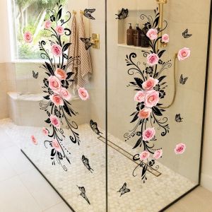 [Lot de 2] Stickers muraux GUIRLANDE de FLEURS noir/rose romantique (69x43 cm) I Autocollant mural fleur roses I Déco murale salon chambre cuisine salle de bain meuble fenêtre - Neuf