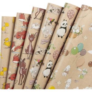 Feuille De Papier D'emballage Kraft - Bouledogue Fran&ccedil;ais/Lapin/Renard/Panda/Cerf Sika/Canard Imprim&eacute; - 6 Feuilles Emball&eacute;es En 1 Rouleau - 44,5 X 76 Cm Par Feuille - Neuf