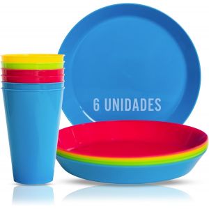 Tianyi-. Vaisselle Camping 12 Pi&egrave;ces Dans Couleurs Vives. 6 Assiette Plastique Reutilisable+ 6 Gobelet Plastique Reutilisable Adapt&eacute;e Au Lave-Vaisselle. - Neuf