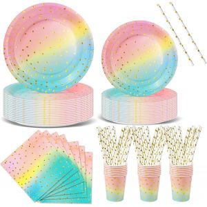 Kalanka-Anniversaire Vaisselle De Fete 120 Pièces Arc En Ciel Or Party Assiette Anniversaire Set Comprendre Assiette Jetables Papier Tasses Serviettesr Pour Party Decoration Baby Shower -24 Invités - Neuf