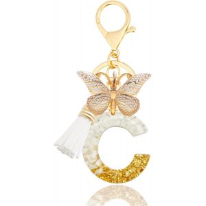 KAL-Porte-Clés Avec Lettre, Keychains Lettre Avec Papillons Pompon Pendentif, Alphabet Porte-Clés, Porte-Clés Initiale Pour Femmes Filles Sac À Main Bagages Décoration - Neuf
