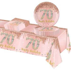 Mevronisshop-37 Pi&egrave;ces Assiette Vaisselle Anniversaire Kit,Or Rose Decoration Anniversaire Vaisselle 70 Ans Femmes Hommes,Nappe Papier Assiette Serviette Pour Decoration Anniversaire 60 Ans Cadeau - Neuf