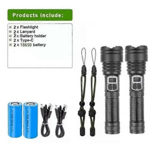 Lampe torche LED XHP160 haute puissance, rechargeable, 16 LED, zoom, port USB, idéale pour le camping, l'extérieur et les situations d'urgence.-Batterie 18650 2 pièces - Neuf