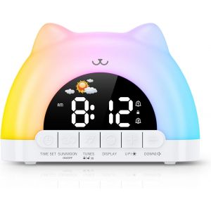 Reveil Enfant Educatif Jour Nuit, Reveil Lumineux Avec Veilleuse 11 Couleurs Rgb, Snooze, 2 Alarme, R&eacute;veil Num&eacute;rique Pour Enfants Avec Lune Et Soleil, Entra&icirc;neur De Sommeil Fille Gar&ccedil;on - Neuf