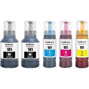 ERYI-101 Encre Compatible Avec Epson 101 Bouteille D'Encre Multipack Pour Ecotank C13T03V14A C13T03V24A C13T03V34A L4150 L4160 L6160 L6170 L6190(5-Pack,2 Pigment Noir/Cyan/Magenta/Jaune) - Neuf