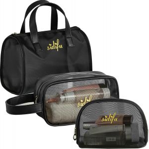 MAA-Trousse de Toilette en Maille, 3 Pièces Trousse Toilette Transparente avec Fermeture Éclair, Trousse pour Cosmétiques, Trousse Rangement de Maquillage Voyage (Garniture et Lettres Noires) - Neuf