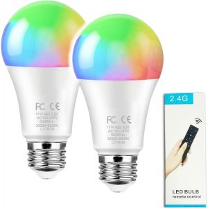 12w A60 Ampoule Intelligente Avec Une Télécommande 2.4ghz,Changement De Couleur Ampoule Led, Dimmable 3000-6500k,1000lm,Base E27, Home Decor,1 Télécommande Et 2 Ampoule - Neuf