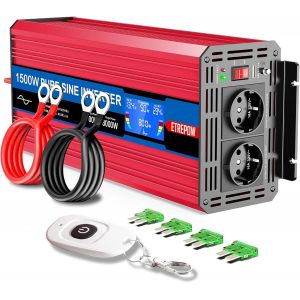 1500w /3000w Convertisseur Pur Sinus 12v 220v/230v Onduleur Transformateur -2 Prise EU de Courant Alternatif,1 Port USB,télécommande sans Fil et écran LCD, pour Voiture, Camping, Voyage - Neuf