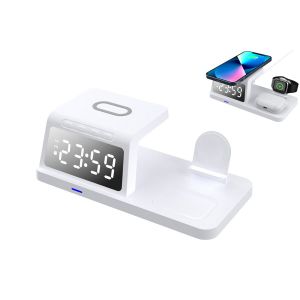 Station de recharge sans fil 5 en 1 avec horloge pour t&eacute;l&eacute;phone, montre et &eacute;couteurs - Type-C, puissance de sortie de 15 W, port USB - Neuf