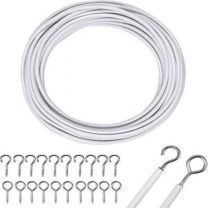 Fil &Agrave; Rideaux Blanc De 10 M Avec Crochets Et ?illets, Pour Tringle &Agrave; Rideaux. - Neuf