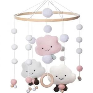 Mobile Musical Pour Lit Bébé En Bois Et Feutre - Bébé - Rose - Boules De Feutre - Jouets En Coton - Cloches - Neuf