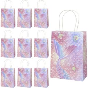 Tianyi-Paquet De 10 Sacs De Fête De Sirène, 15 * 8 * 21 Cm Sacs En Papier De Bonbons Avec Poignées, Sachet Cadeaux D'anniversaire Pour Biscuit Fudge Mariage Décorations Thème De La Petite Sirène - Neuf