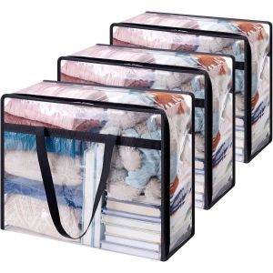 Jexnovashop-Lot De 3 Sac De Rangement Transparent 40l, Sac Rangement Vetement En Pvc, Housse De Couette Pliable Avec Poign&eacute;es, Boite Rangement Pour Demenagement, V&ecirc;tements, Couvertures, Jouets, Livre - Neuf