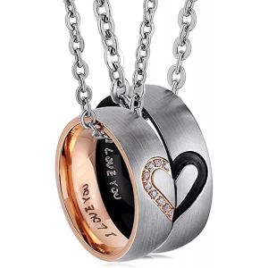 Collier Couple,Anneaux Pendentif, Bague Homme, Femme Or Rose En Acier Inoxydable,C?ur Amour &Eacute;ternel Classique Avec Cha&icirc;ne De M&eacute;tal Cadeau Pour La Saint-Valentin Amour Couple Bague - Neuf