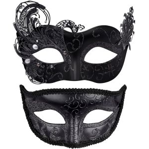 2 Pi&egrave;ces V&eacute;nitien Masque Femme Homme Masque De Mascarade V&eacute;nitien Masque Mascarade Bal Masqu&eacute; Pour Couple Les Yeux Pour Halloween Mascarade Carnaval,Noir - Neuf