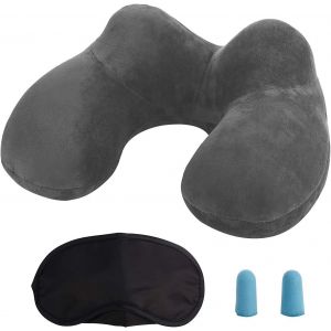 nzqaf-Coussin Gonflable Voyage, Tour de Cou Avion, Oreiller de Voyage Gonflable avec Bouchon d'oreille et Masque pour Les Yeux - Gris - Neuf