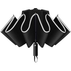 Jgd-Parapluie Pliant Avec 10 Baleines 210t Rev&ecirc;tement En T&eacute;flon Anti Uv, Bandes R&eacute;fl&eacute;chissantes, Ouverture/Fermeture Automatique - Noir - Neuf