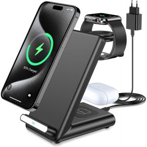 3 In 1 Induction Charger, Wireless Charger For Iphone 16 15 14 13 12 11 Pro Max Mini Plus/16e/Xs/8, Charging Station For Apple Watch Ultra 10 9 8 7 6 Se 5 4 3, Air-Pods Pro-With 20w Pd Charger - Neuf