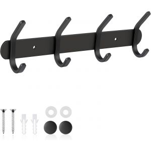 Crochet mural en acier inoxydable avec 4 crochets pour suspendre chapeau, manteau, serviette et porte-monnaie, noir - Neuf