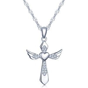 Collier Pendentif En Argent Pur 925 La Croix Orn&eacute; Zircon Brillant L'aile D'ange Et Le C?Ur Cadeau Pour Femme Fille Jeunesse - Neuf