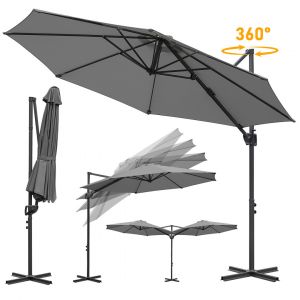 Parasol D&eacute;port&eacute; 300 Cm Gris, Rotation 360&deg;, Inclinable 0&iquest;60&deg;, Toile Polyester 200 G/M&sup2; Uv50+, M&acirc;t Aluminium Renforc&eacute; - Neuf
