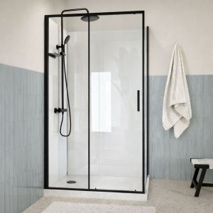 Cabine de Douche Rectangle 115x90 - Colonne Thermostatique Noire et Receveur Bas Effet Pierre - Neuf