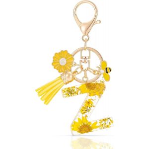 KAL-Letter Keychains Initiale Lettre Porte Clef Lettre,Alphabet Initial Keyring Avec Pampille Pendentif,Jaune Pétales Feuille D'Or Key Ring Pour Femmes Filles Portefeuilles Sac À Main Charme - Neuf