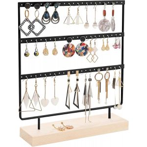 Pr&eacute;sentoir &Agrave; Boucles D'oreilles En Bois Et M&eacute;tal, Organiseur De Bijoux Vintage, Support De Boucles D'oreilles Noir Avec Base En Bois (69 Trous Et 3 Niveaux) - Neuf