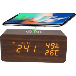 R&eacute;veil Num&eacute;rique,Reveil Digital Avec Chargement Sans Fil,Horloge Num&eacute;rique Led Horloge Digitale R&eacute;veil Aver Temp&eacute;rature/Snooze/2 Alarme/12/24 Heures/Port De Recharge Usb (Marron) - Neuf